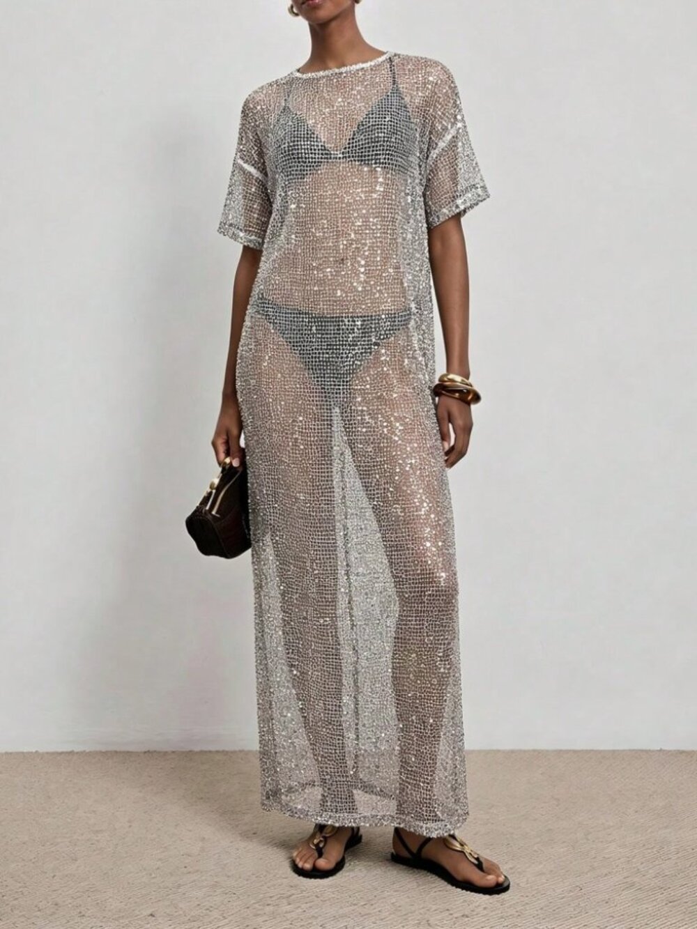 Silver Sequin on Black Sheer Mesh Maxi Cover-Up Dress